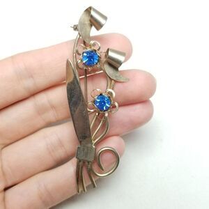 Vintage 50s Style Long Stem Flower Brooch, Blue Rhinestone, Mid Century Style